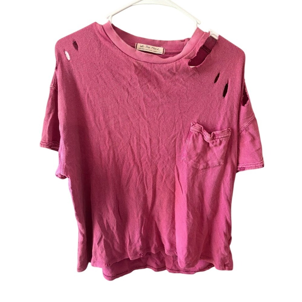 We The Free Free‎ People Pink Distressed Pocket T-Shirt WomensXSShortSleeveTee